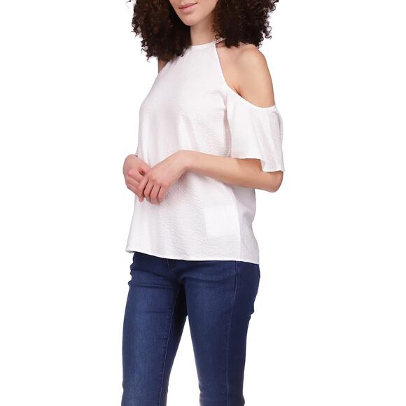 Michael Kors Women White Viscose Seersucker Casual Cold-Shoulder Top Size L - Picture 1 of 3